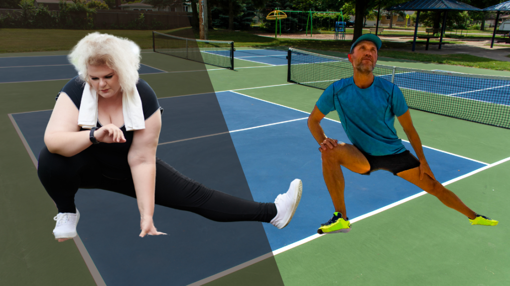 A senior woman and man do side lunge stretches on the pickleball court.