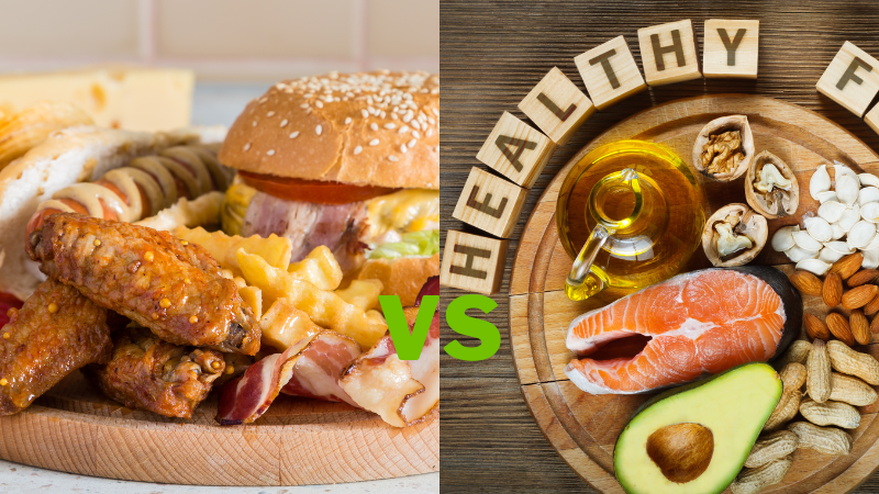 Fat Burning Kitchen encourages healthy fats pictured left over trans fats on the right.