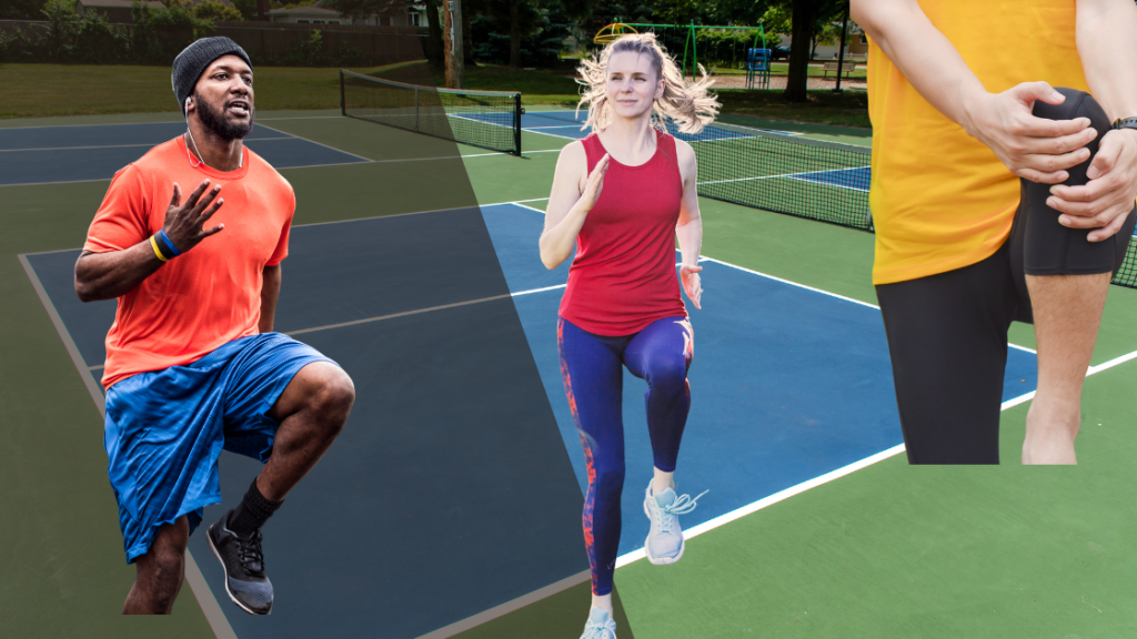 Pickleball stretches for seniors: A man and a women doing high knee warm ups.