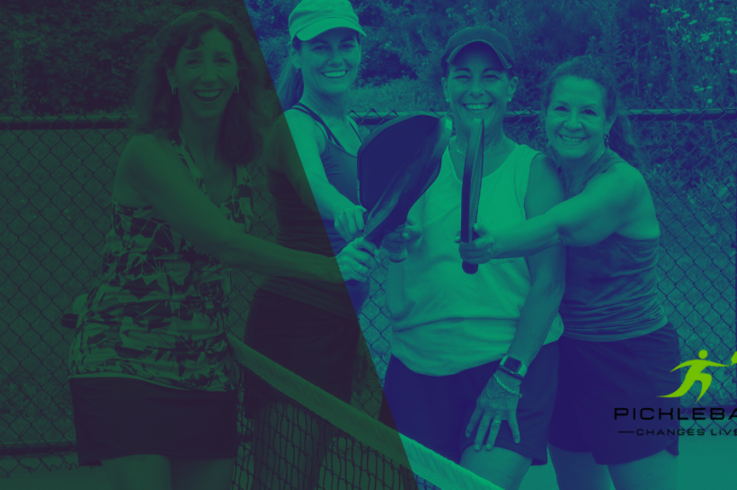 How does pickleball change lives: 4 ladies crossing paddles and smiling after a fun game.