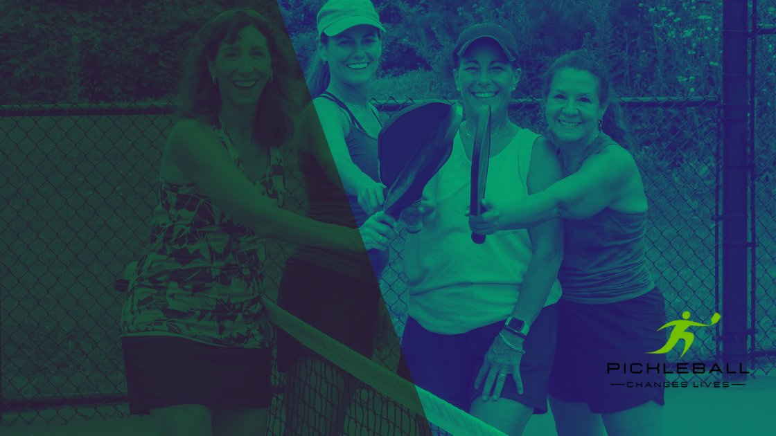 How does pickleball change lives: 4 ladies crossing paddles and smiling after a fun game.