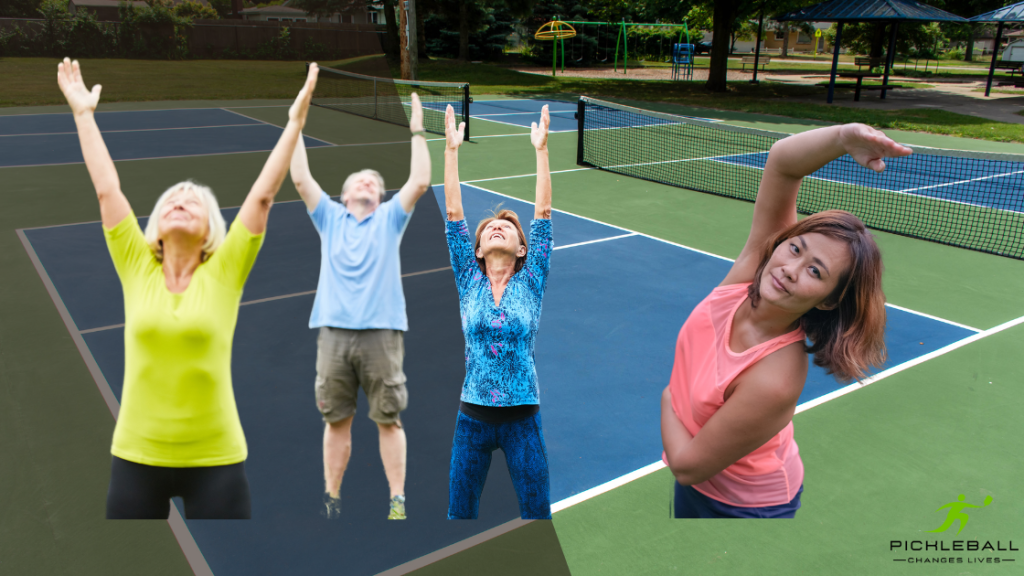 The side body pickleball stretch for over 50's warms up shoulders and your torso before a match.