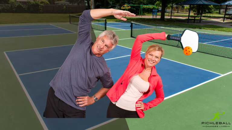 Pickleball stretches for seniors: Man and women doing the side body stretch.