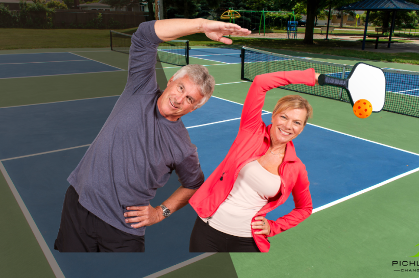 Pickleball stretches for seniors: Man and women doing the side body stretch.