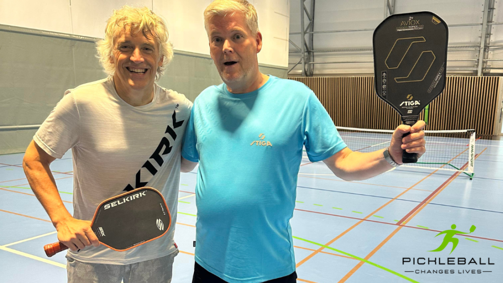 Pickleball recovery story: Anders Eriksson the recoveree with his doubles partner to the left and his black Stiga paddle to the right.