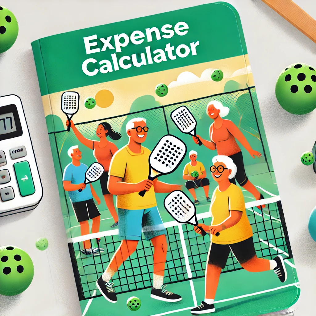 Expense Calculator book highlighting the pickleball cost calculator steps, while animated pickleball players running on a court.